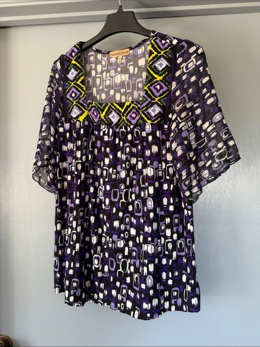 Notations Square Necked Geometric Women's Short Sleeve Pullover Top sz Large